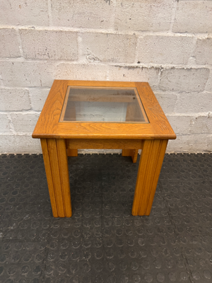 Oak-Toned Side Table with Inset Glass Top — Very Good Condition