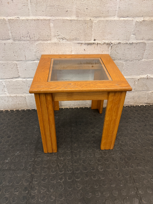 Oak-Toned Side Table with Inset Glass Top — Very Good Condition