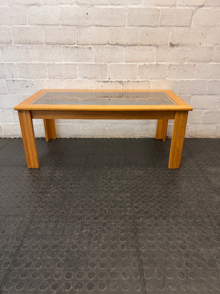 Oak Toned Wooden Coffee Table with Inset Glass Top — Very Good Condition