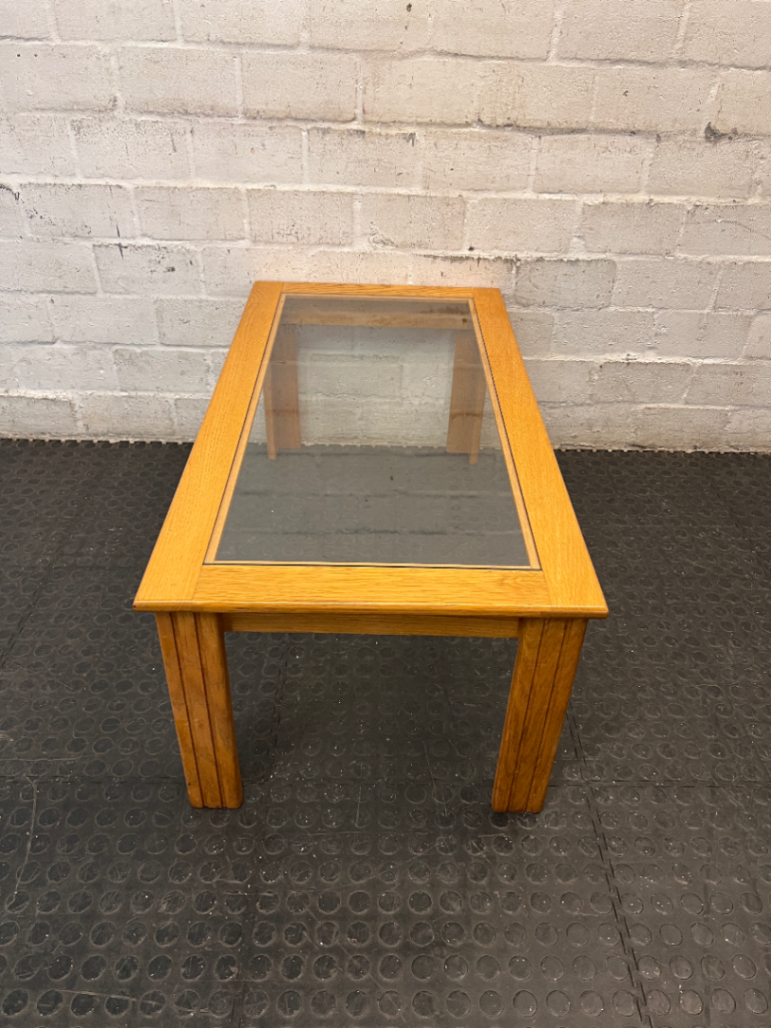 Oak Toned Wooden Coffee Table with Inset Glass Top — Very Good Condition