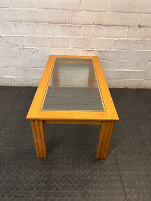 Oak Toned Wooden Coffee Table with Inset Glass Top — Very Good Condition