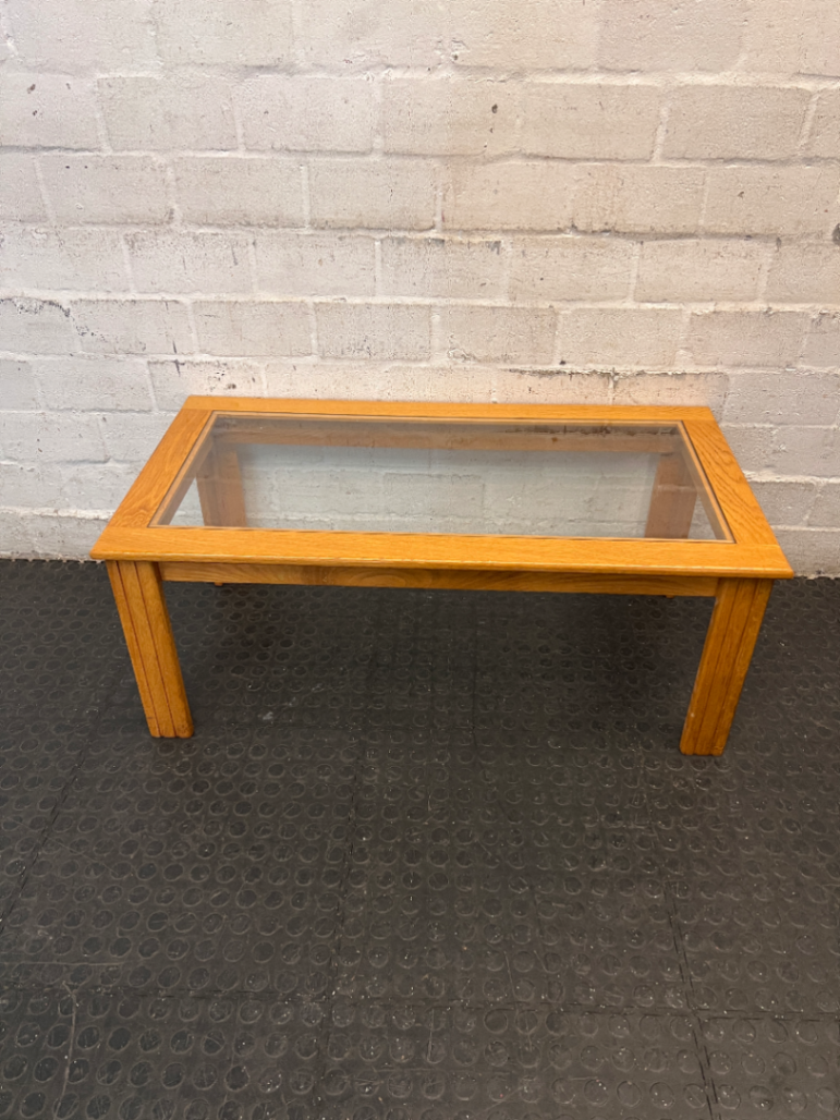 Oak Toned Wooden Coffee Table with Inset Glass Top — Very Good Condition