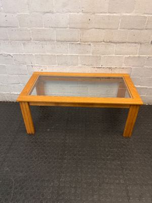 Oak Toned Wooden Coffee Table with Inset Glass Top — Very Good Condition