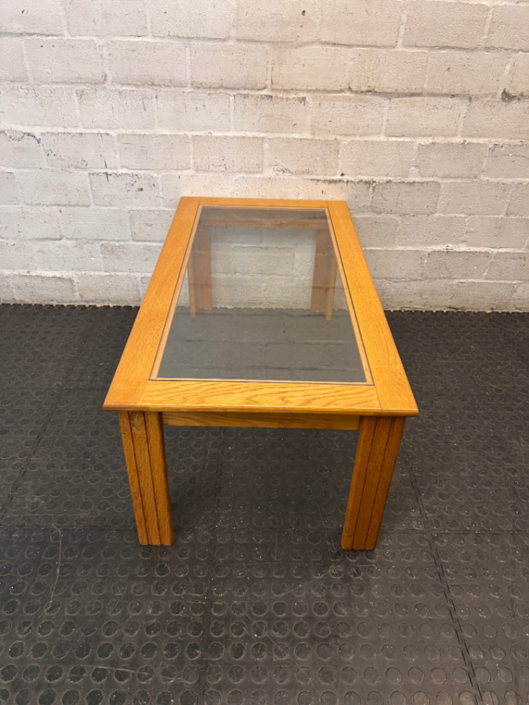 Oak Toned Wooden Coffee Table with Inset Glass Top — Very Good Condition
