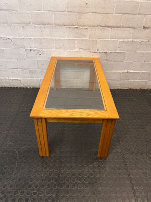 Oak Toned Wooden Coffee Table with Inset Glass Top — Very Good Condition