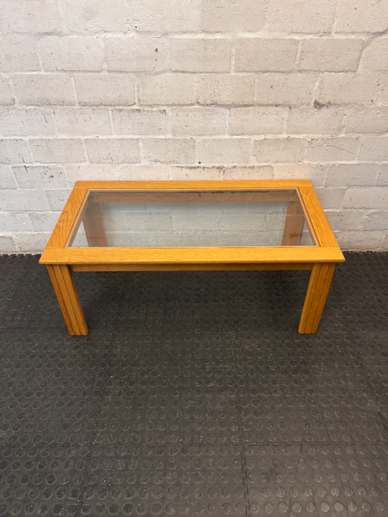 Oak Toned Wooden Coffee Table with Inset Glass Top — Very Good Condition