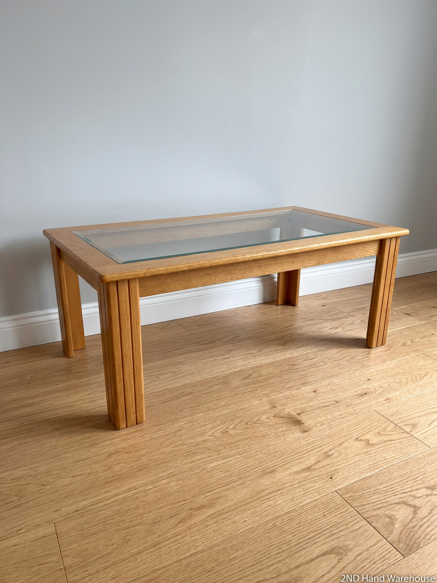 Oak Toned Wooden Coffee Table with Inset Glass Top — Very Good Condition