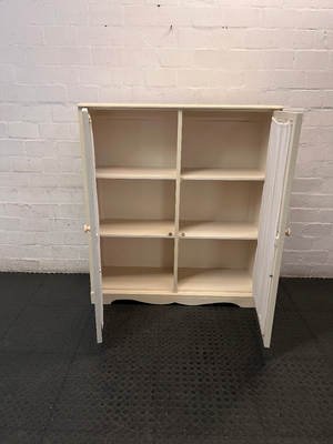 Off-White Wooden Storage Cupboard with Glass Inlay Doors — Fair Condition with Visible Wear
