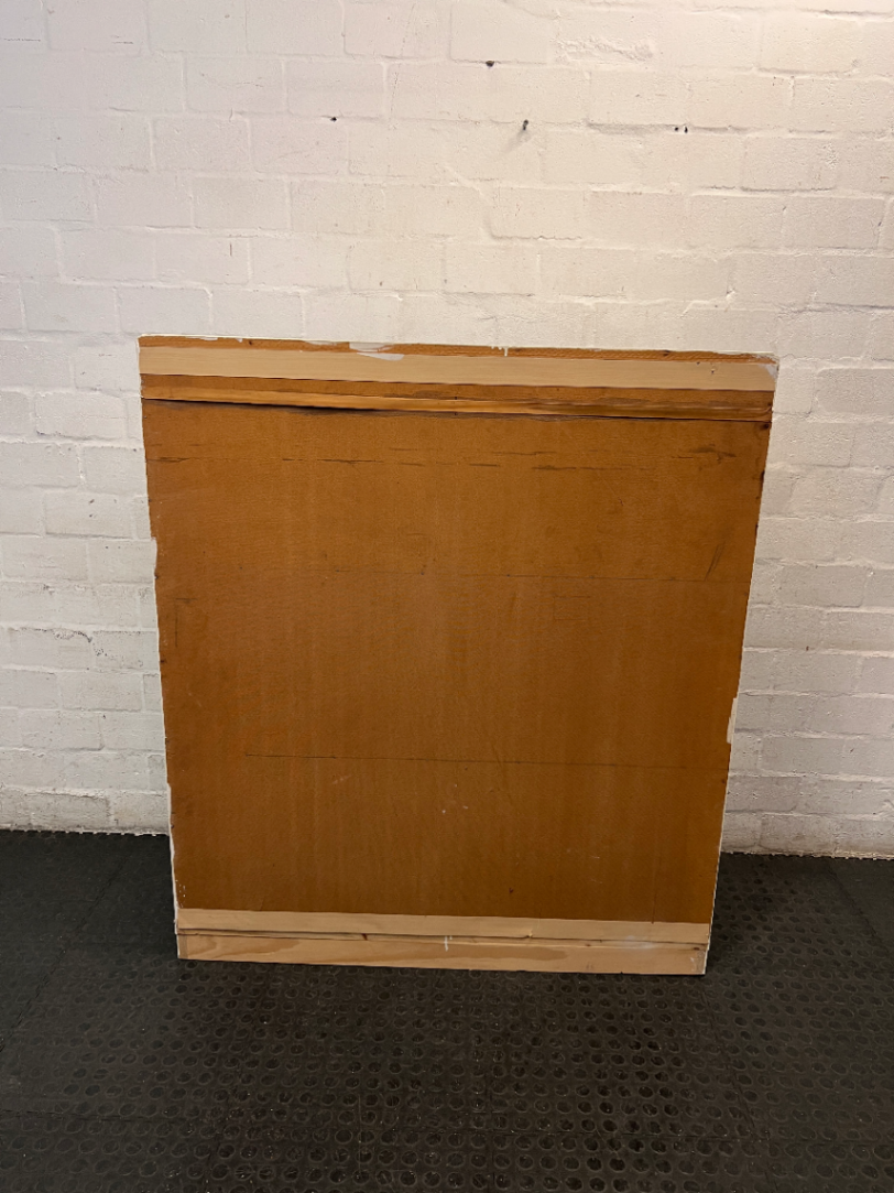 Off-White Wooden Storage Cupboard with Glass Inlay Doors — Fair Condition with Visible Wear