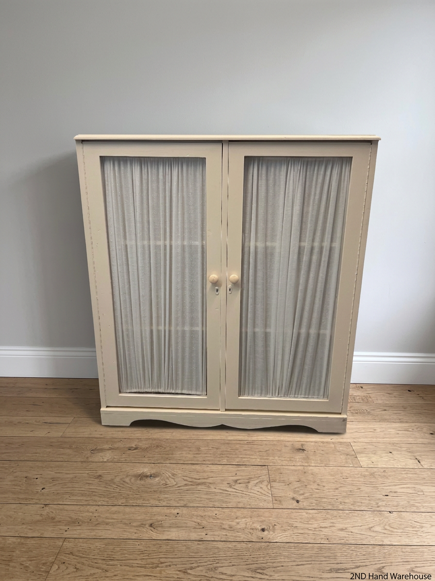 Off-White Wooden Storage Cupboard with Glass Inlay Doors — Fair Condition with Visible Wear