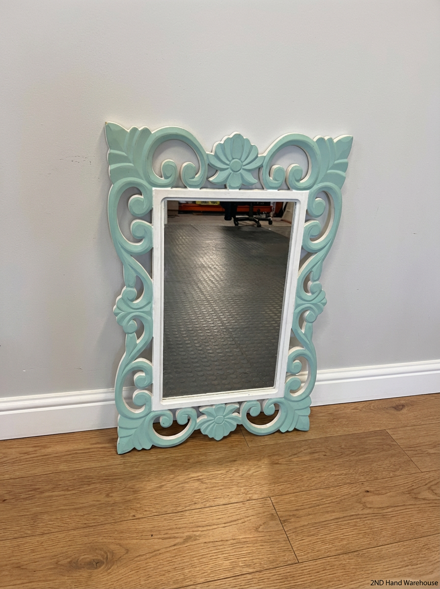 Ornate Mint Green and White Carved Wall Mirror