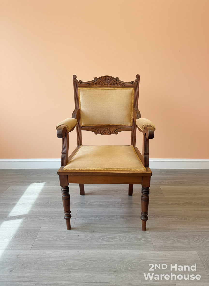 Ornate Vintage Carved Wood Armchair with Padded Upholstery