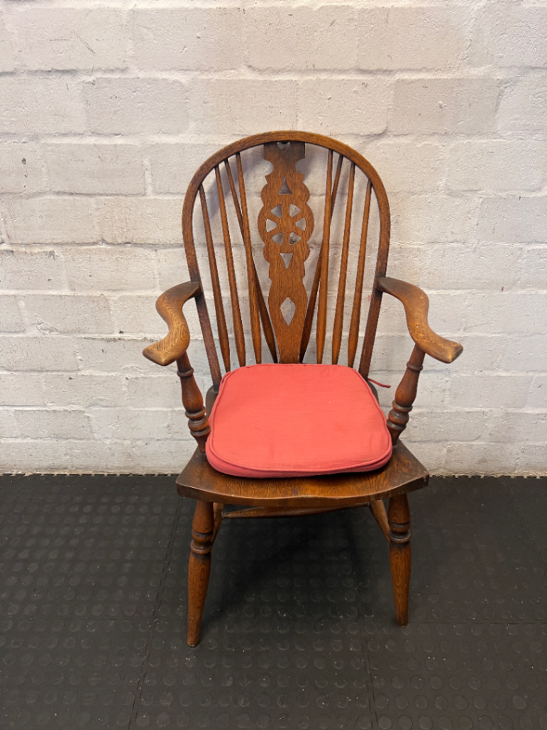 Pair of Spindle Back Dining Chairs with Arms - Worn Wood Finish - 2ndhandwarehouse.com