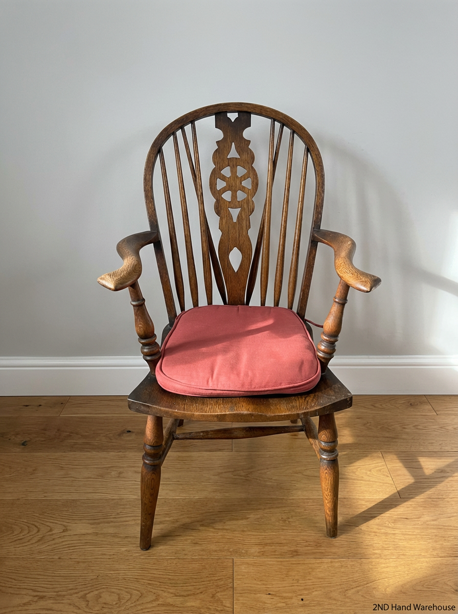 Pair of Spindle Back Dining Chairs with Arms - Worn Wood Finish - 2ndhandwarehouse.com