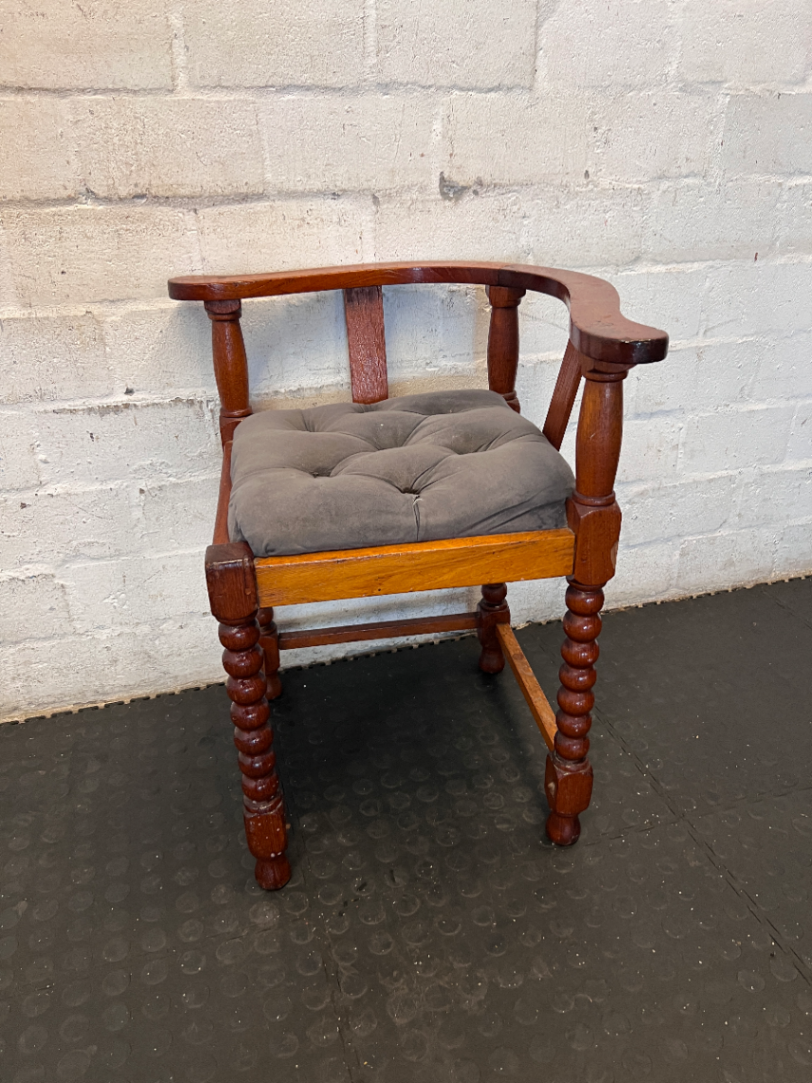 Pair of Vintage Late 1940s Dark Wood Corner Chairs - Grey Seats - 2ndhandwarehouse.com
