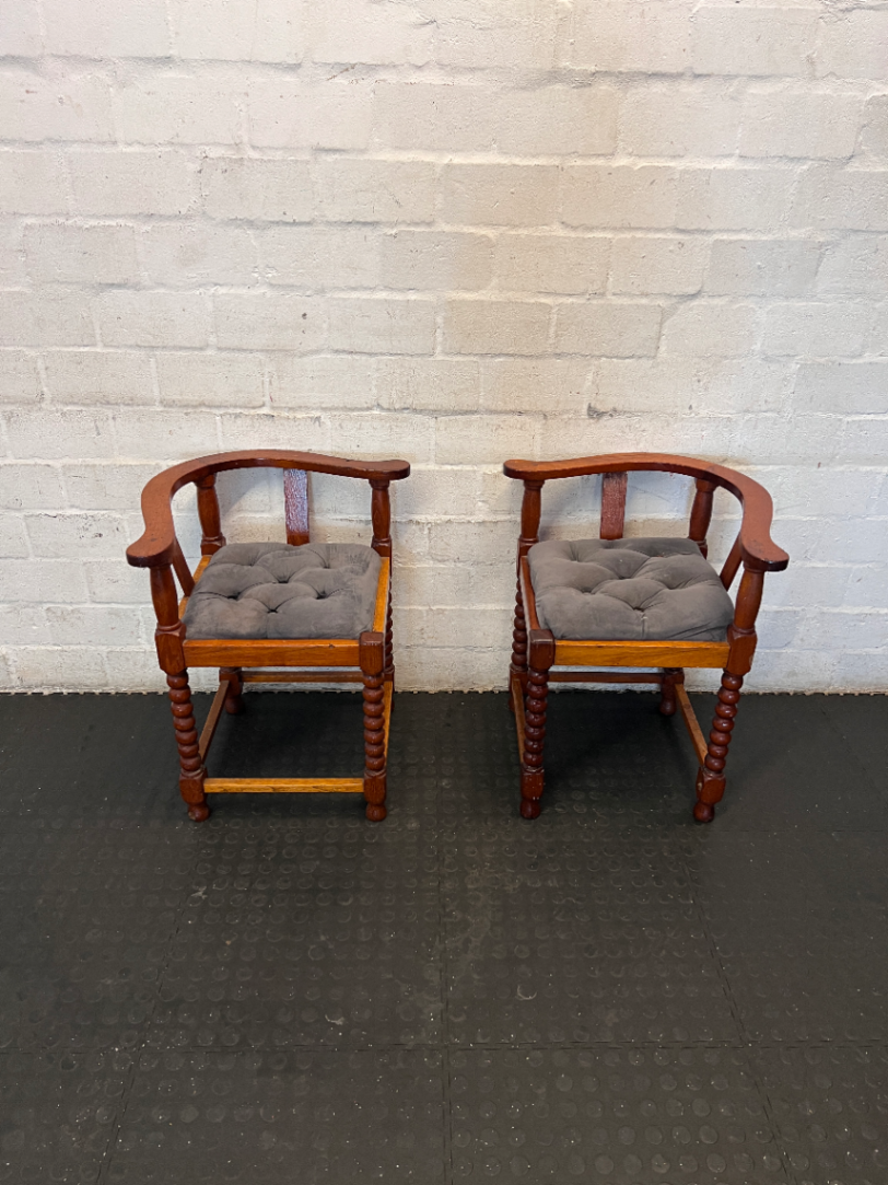 Pair of Vintage Late 1940s Dark Wood Corner Chairs - Grey Seats - 2ndhandwarehouse.com