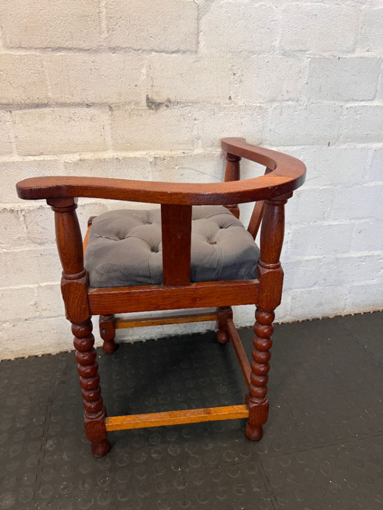 Pair of Vintage Late 1940s Dark Wood Corner Chairs - Grey Seats - 2ndhandwarehouse.com