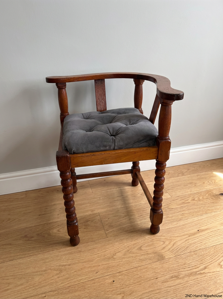 Pair of Vintage Late 1940s Dark Wood Corner Chairs - Grey Seats - 2ndhandwarehouse.com