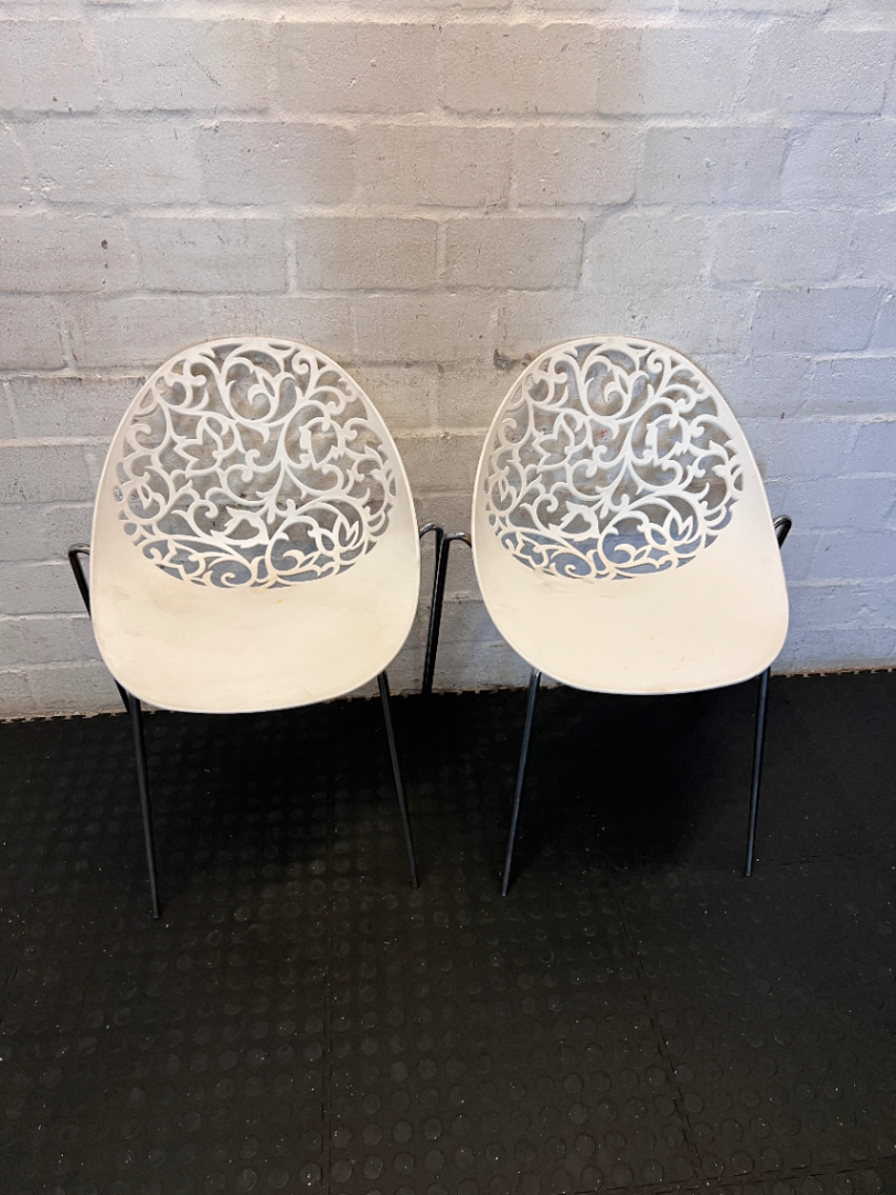 Pair of White Laser-Cut Motif Chairs - Minor Surface Wear & Rust - 2ndhandwarehouse.com