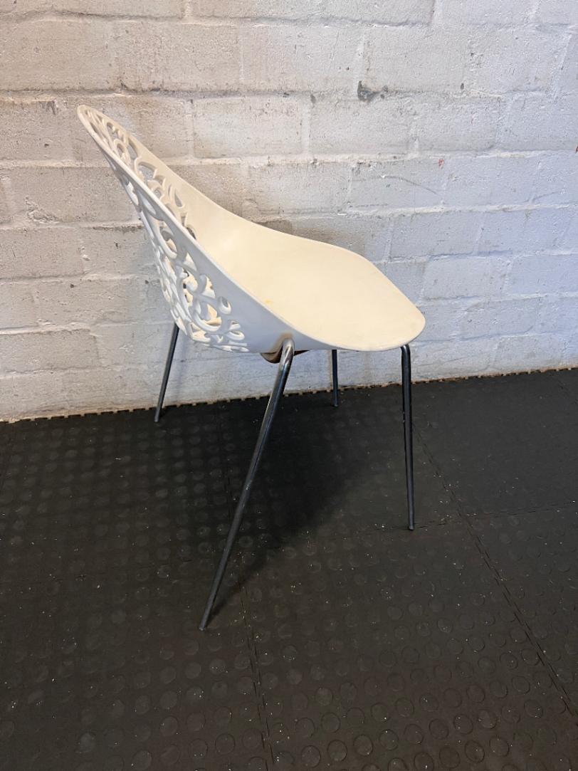 Pair of White Laser-Cut Motif Chairs - Minor Surface Wear & Rust - 2ndhandwarehouse.com