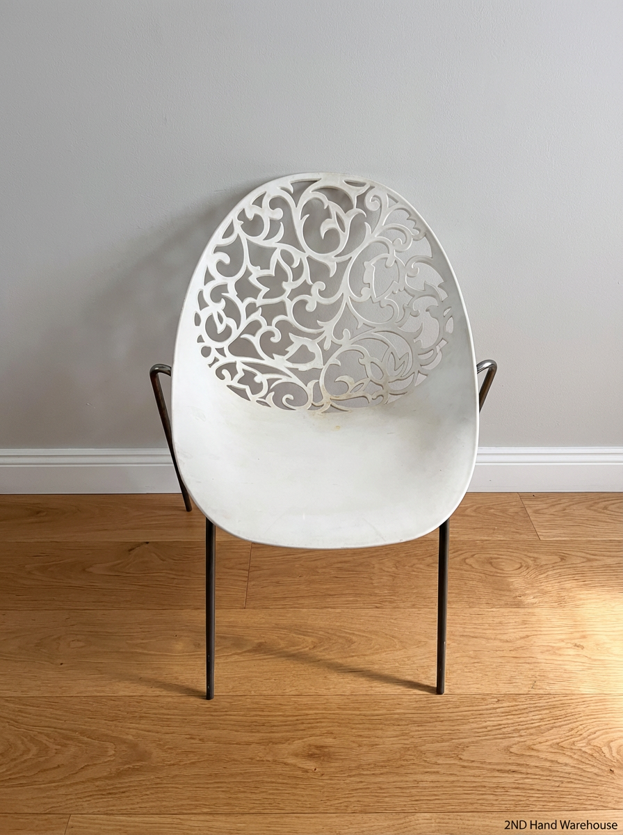 Pair of White Laser-Cut Motif Chairs - Minor Surface Wear & Rust - 2ndhandwarehouse.com