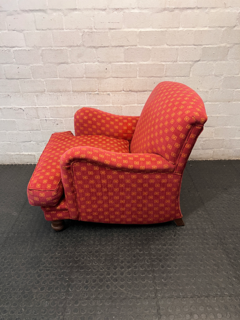 Patterned Red Upholstered Armchair with Bun Feet — Well Used Condition