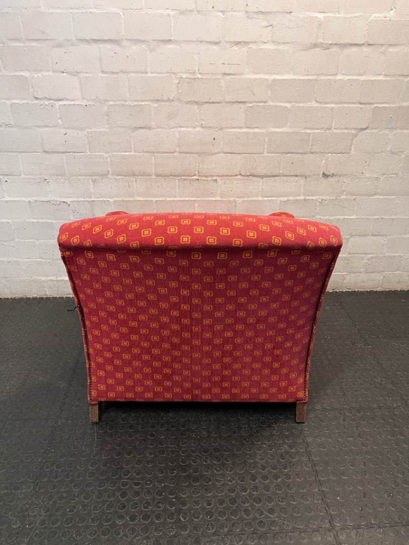 Patterned Red Upholstered Armchair with Bun Feet — Well Used Condition