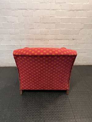 Patterned Red Upholstered Armchair with Bun Feet — Well Used Condition