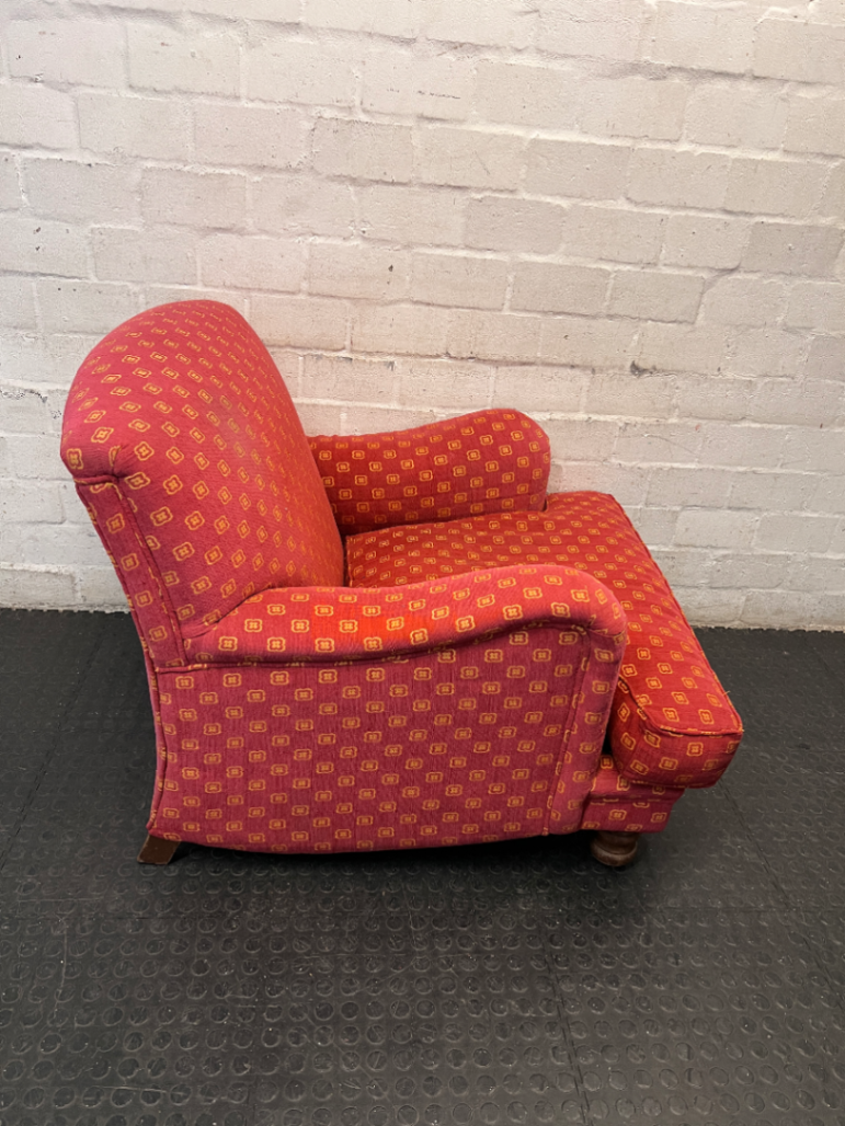 Patterned Red Upholstered Armchair with Bun Feet — Well Used Condition