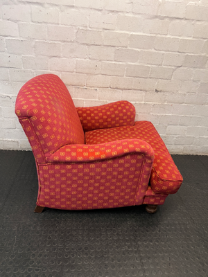 Patterned Red Upholstered Armchair with Bun Feet — Well Used Condition