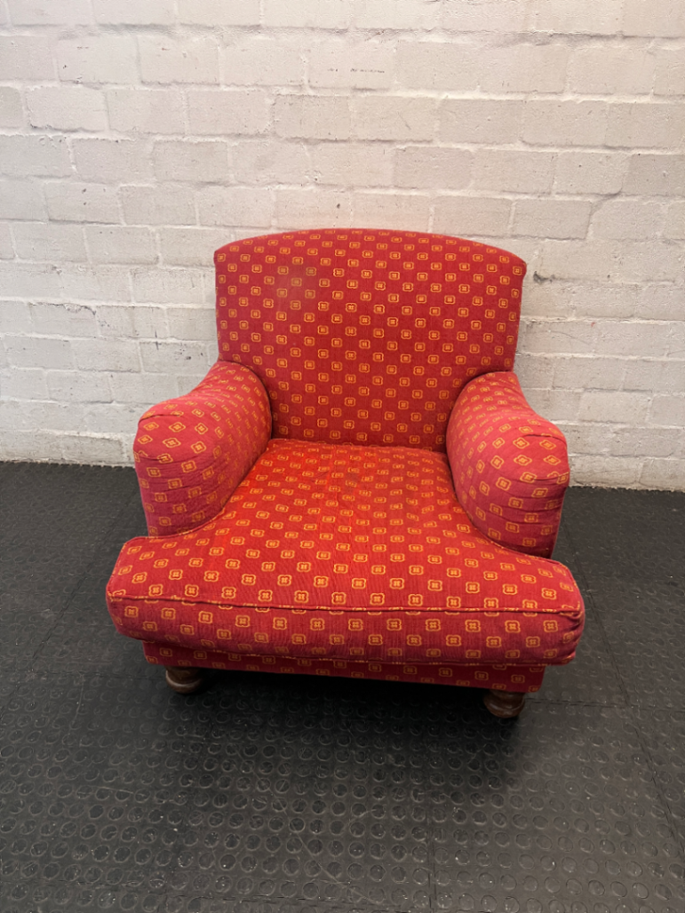 Patterned Red Upholstered Armchair with Bun Feet — Well Used Condition