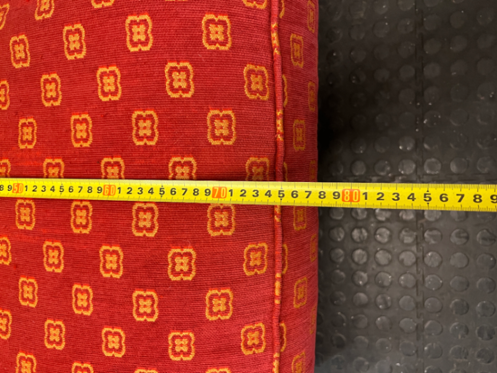 Patterned Red Upholstered Armchair with Bun Feet — Well Used Condition