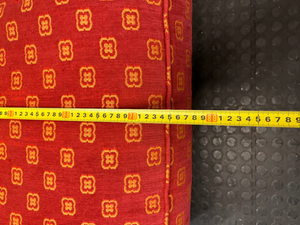 Patterned Red Upholstered Armchair with Bun Feet — Well Used Condition