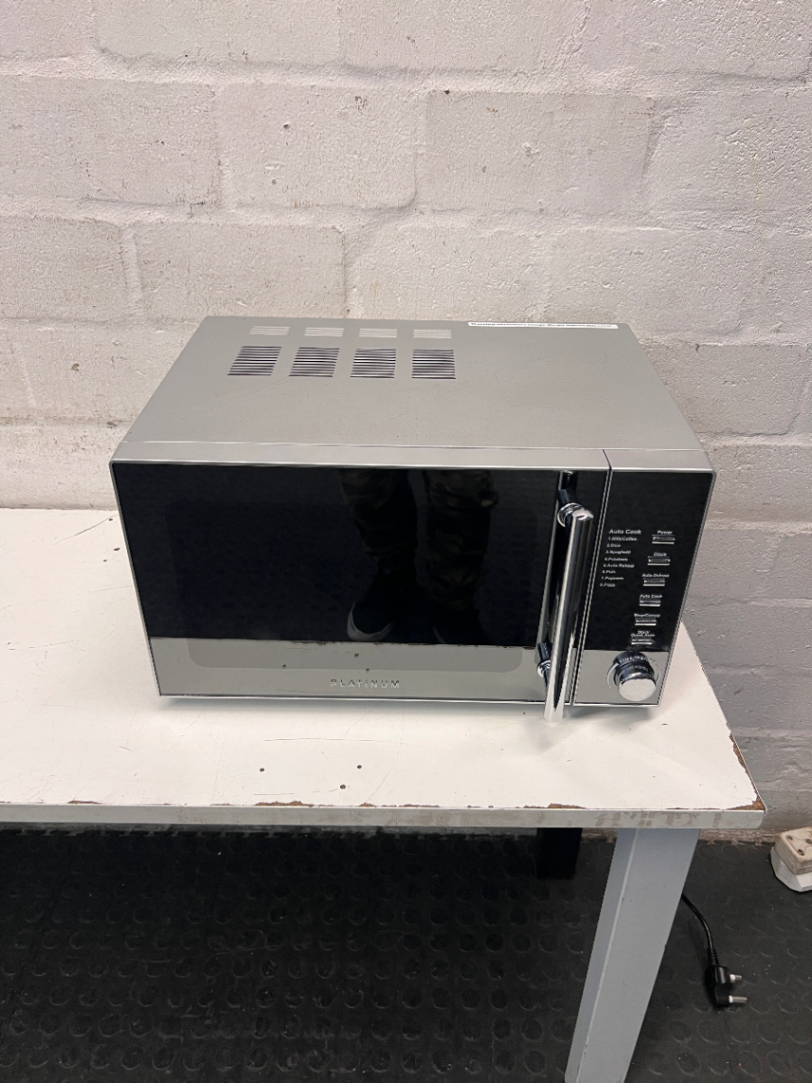 Platinum Metallic Silver Mirror Finish Microwave — Working Order; Used Condition