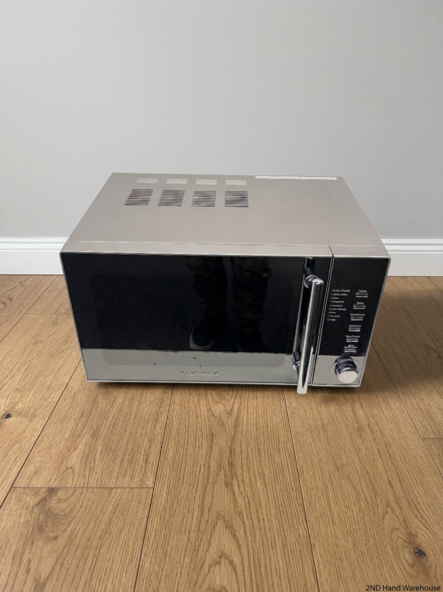 Platinum Metallic Silver Mirror Finish Microwave — Working Order; Used Condition