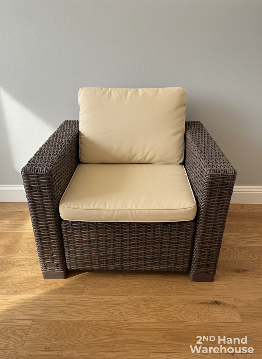 Pre-Loved Rattan-Style Outdoor Armchair with Beige Cushions