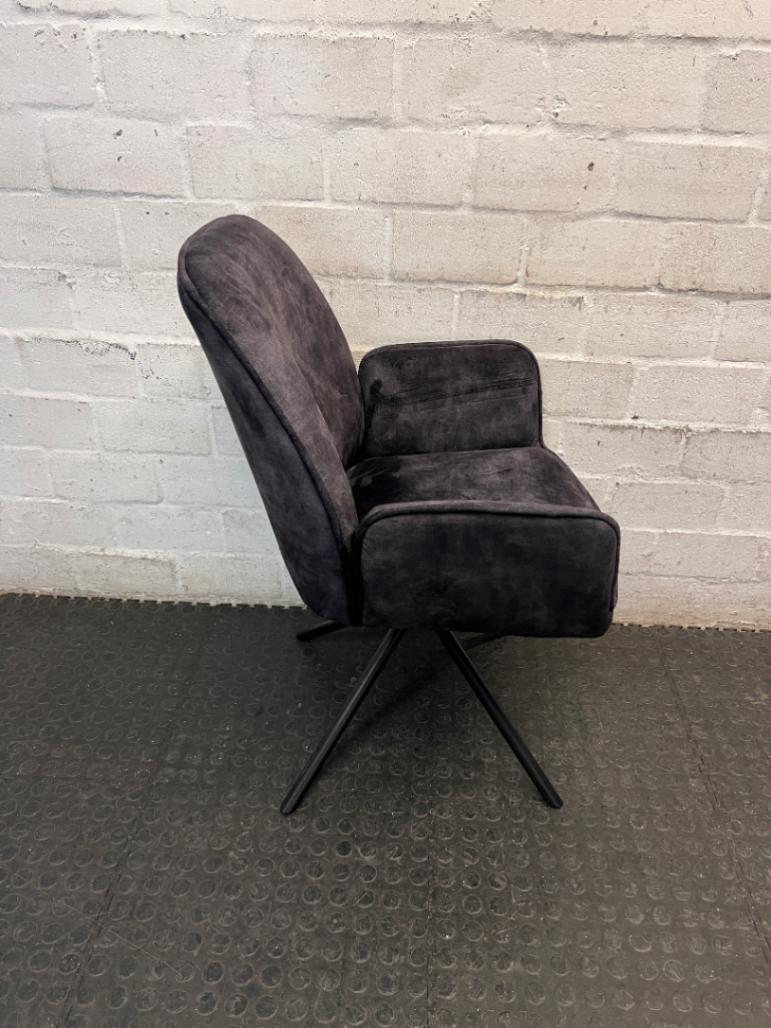 Purple Velvet-Style Upholstered Armchair with Metal Legs — Fair Condition with General Wear