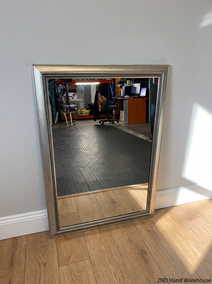Rectangular Silver-Tone Framed Mirror - Fair Condition