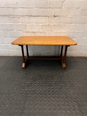 Rectangular Wooden Trestle Coffee Table — Heavy Surface Scratches and Worn Varnish