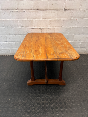Rectangular Wooden Trestle Coffee Table — Heavy Surface Scratches and Worn Varnish