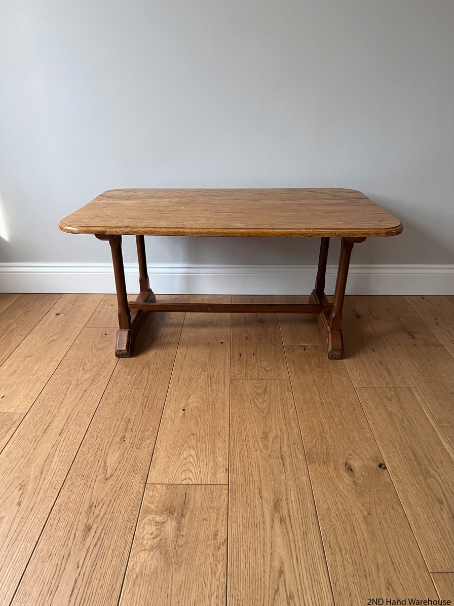 Rectangular Wooden Trestle Coffee Table — Heavy Surface Scratches and Worn Varnish
