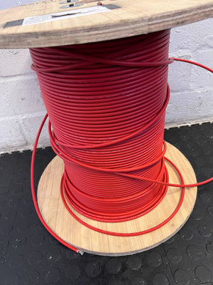 Spool of red wire on a wooden reel with a white wall background