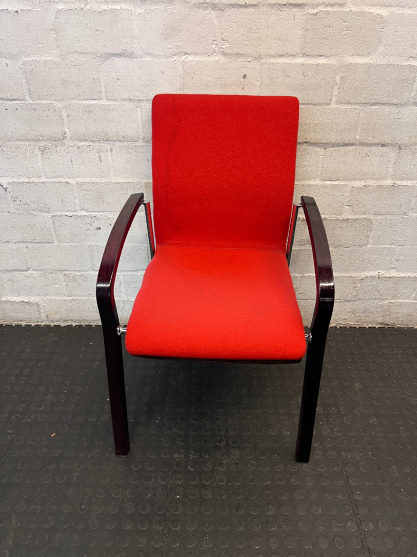 Red Fabric Reception Chair with Dark Wood Frame — Scuffed Armrests and Fair Used Condition - 2ndhandwarehouse.com