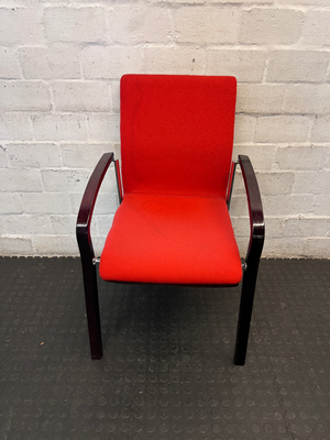 Red Fabric Reception Chair with Dark Wood Frame — Scuffed Armrests and Fair Used Condition - 2ndhandwarehouse.com