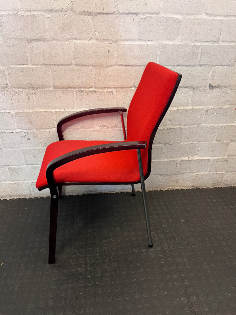 Red Fabric Reception Chair with Dark Wood Frame — Scuffed Armrests and Fair Used Condition - 2ndhandwarehouse.com