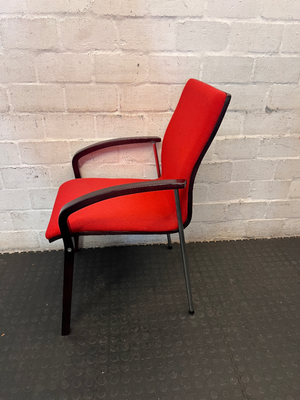 Red Fabric Reception Chair with Dark Wood Frame — Scuffed Armrests and Fair Used Condition - 2ndhandwarehouse.com