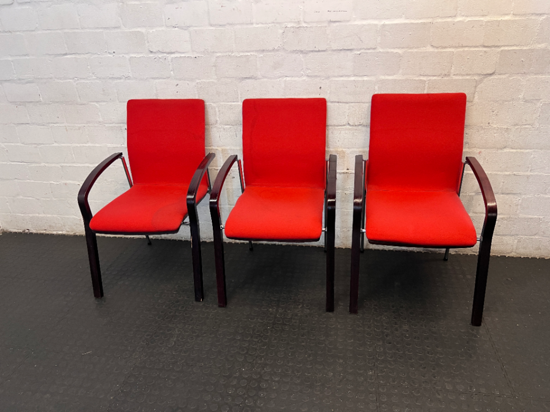 Red Fabric Reception Chair with Dark Wood Frame — Scuffed Armrests and Fair Used Condition - 2ndhandwarehouse.com