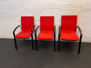 Red Fabric Reception Chair with Dark Wood Frame — Scuffed Armrests and Fair Used Condition - 2ndhandwarehouse.com