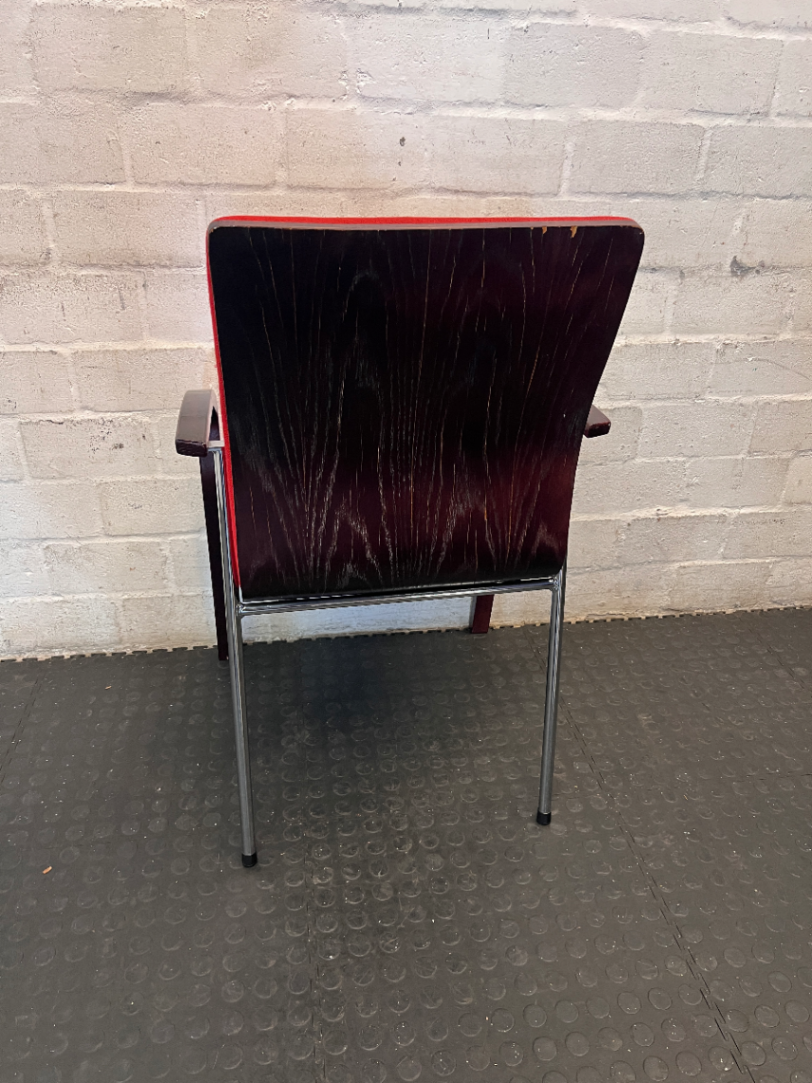 Red Fabric Reception Chair with Dark Wood Frame — Scuffed Armrests and Fair Used Condition - 2ndhandwarehouse.com