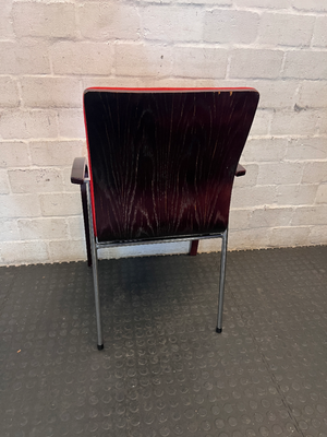 Red Fabric Reception Chair with Dark Wood Frame — Scuffed Armrests and Fair Used Condition - 2ndhandwarehouse.com